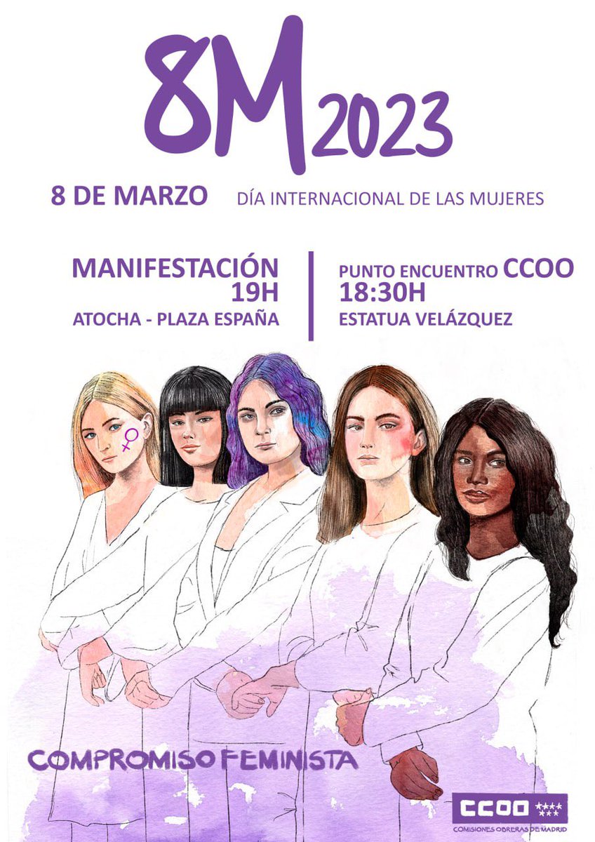 CCOOGrupoRepsol's tweet photo. 🟣 #8M 2023🟣

Arriba las mujeres que hacen grande este mundo

📢 Llamamiento a participar en todos los actos que se organicen

En Madrid:

⏳12:00h concentración en @museoreinasofia 

⌛19:00h manifestación Atocha-Plaza España

@CCOO ⏩18:30 en estatua Velázquez https://t.co/oG6E2ZUuDI