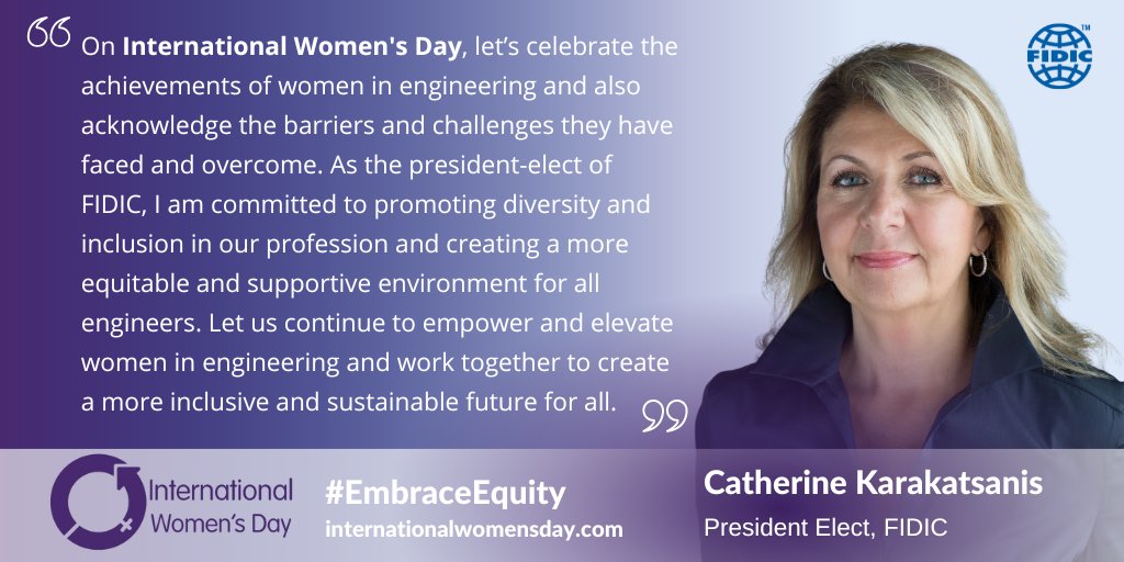FIDIC's tweet photo. Happy #InternationalWomenDay! ♀️ 
We are proud to share a quote and interview article from Catherine Karakatsanis, FIDIC President Elect.⬇️
https://t.co/BuzUFEtDHq

#IWD2023 #EmbraceEquity #WomenInEngineering #DiversityandInclusion https://t.co/jmMnXLNpyb