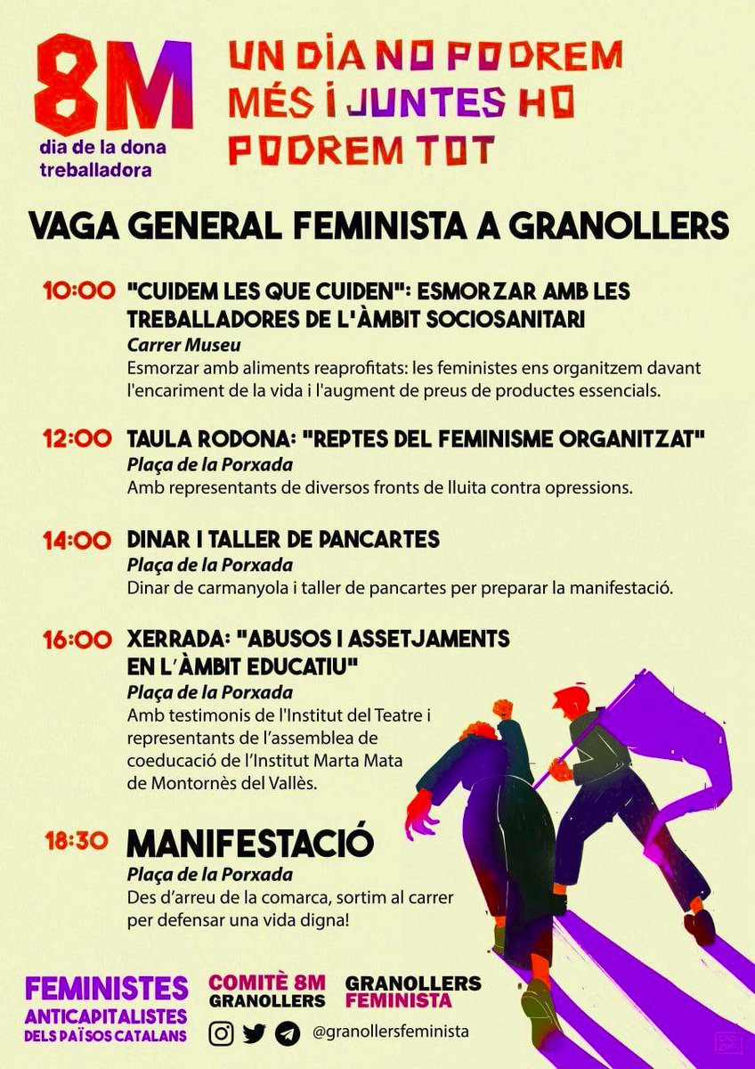 CUPGranollers's tweet photo. 🟣8M: #VagaGeneral Feminista🟣

Sortim al carrer amb els col·lectius feministes i ho aturem tot per plantar cara al capitalisme patriarcal i lluitar per unes vides dignes per a les dones treballadores

#8M2023 https://t.co/owm47iP1ez