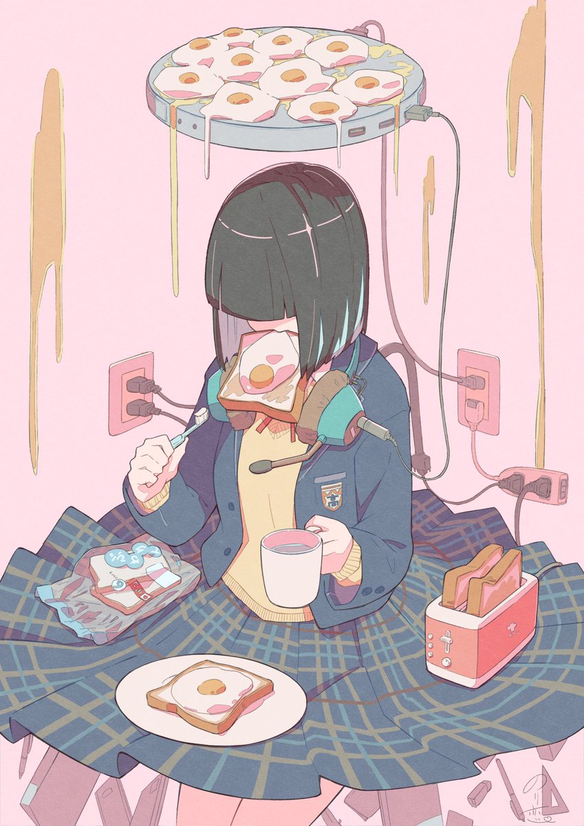 1girl solo headphones food skirt toast black hair  illustration images