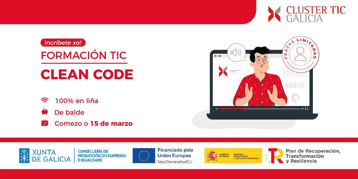 clusterticgal's tweet photo. ☝️ Queres afondar no #CleanCode? Solicita a túa praza para este curso, online e gratuíto 👇

🔸 30 horas de duración.
🔸 Clases en directo.
🔸 Impartido polo enxeñeiro e arquitecto de software en @citnow @hectorcanto_dev.

✍️ Máis info e inscricións: https://t.co/GFzhMjHFau https://t.co/1TONhSalzk