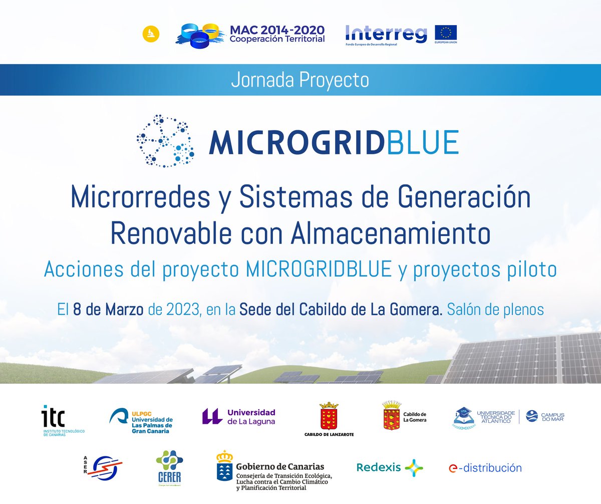 ITCCANARIAS's tweet photo. Empezamos‼
📣Sigue el streaming de la Jornada #Microgridblue sobre microrredes y generación renovable que tiene lugar hoy en #LaGomera con la participación de @EcologicaGobCan @UNEFotovoltaica @acer_canarias @LPRenovable y más
💻https://t.co/ipUlVD4E8a
📌https://t.co/HR2aguGDx8 https://t.co/3fM36TaTHf