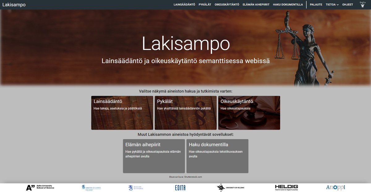 Semantic Computing Research Group (@secoresearch) on Twitter photo Lakisampo julkaisee 8.3. ensimmäistä kertaa Suomen ajantasainen lainsäädännön avoimena datana. Lakisampo.fi-portaali demonstroi Lakisampo-datapalvelun hyödyntämistä:
seco.cs.aalto.fi/events/2023/20…
<a href="/HelsinkiDH/">DH Helsinki</a> <a href="/HelsinkiDH/">DH Helsinki</a> <a href="/AaltoUniversity/">Aalto University</a> <a href="/CSAalto/">Computer Science</a> <a href="/helsinkiuni/">University of Helsinki</a> <a href="/SocSciHelsinki/">Faculty of Social Sciences, HelsinkiUni</a> Lakisampo julkaisee 8.3. ensimmäistä kertaa Suomen ajantasainen lainsäädännön avoimena datana. Lakisampo.fi-portaali demonstroi Lakisampo-datapalvelun hyödyntämistä:
seco.cs.aalto.fi/events/2023/20…
<a href="/HelsinkiDH/">DH Helsinki</a> <a href="/HelsinkiDH/">DH Helsinki</a> <a href="/AaltoUniversity/">Aalto University</a> <a href="/CSAalto/">Computer Science</a> <a href="/helsinkiuni/">University of Helsinki</a> <a href="/SocSciHelsinki/">Faculty of Social Sciences, HelsinkiUni</a>