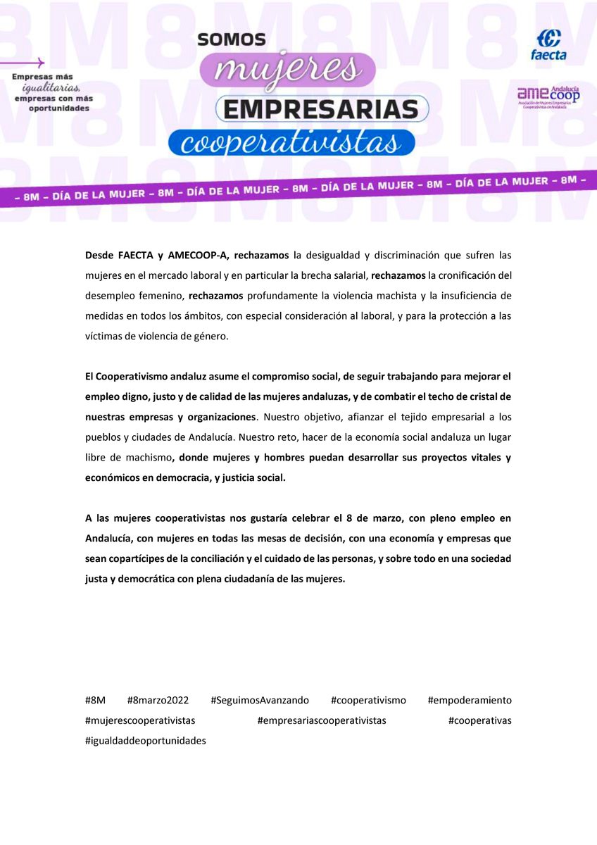 AMECOOP_'s tweet photo. #AMECOOP #Andalucía Somos mujeres empresarias cooperativistas 👉 Las empresas igualitarias, las cooperativas con más mujeres, son empresas con más oportunidades 

#8M2023 #8Marzo #economia #coop  #InternationalWomensDay @FAECTA_ @Coopsdetrabajo @AndaluciaEScoop @CEPES2 https://t.co/P1itxVQYMJ