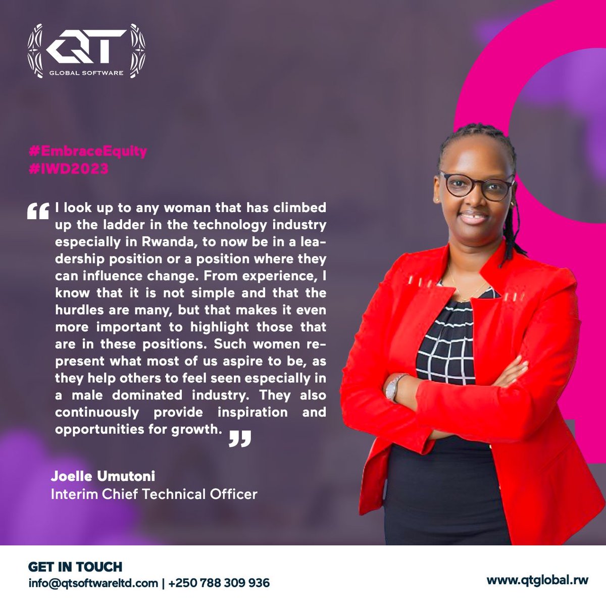 On this International Women's Day, we honor the great women at the core of what we do! 
You are of great value to us and we appreciate all of your contributions to QT Global Software Ltd. 🤗 
#IWD2023 
#LiftHerUp
#ShyigikiraUmunyarwandakazi