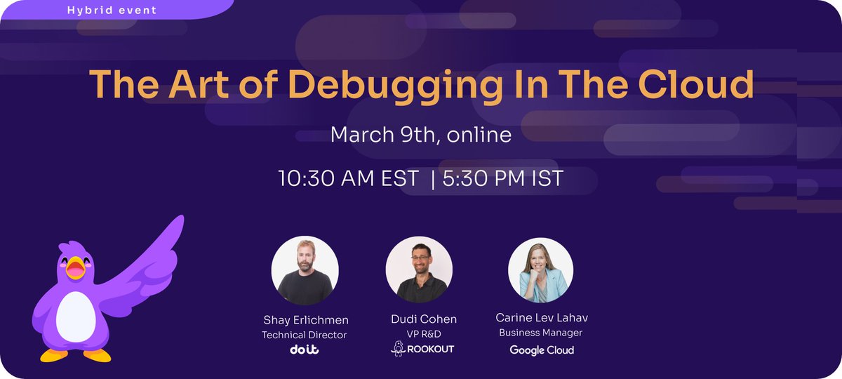 rookoutlabs's tweet photo. Final reminder! 🚨
Our online event is launching tomorrow at 10:30 AM EST | 5:30 PM IST.
⭐Join our panel: Carine Lev Lahav from @googlecloud, @erlichmen from @doitint, & our own @dudicon!
We look forward to seeing you there! https://t.co/KPawnSn1oA
#webinar #clouddebugging https://t.co/YFY3jTNPQl