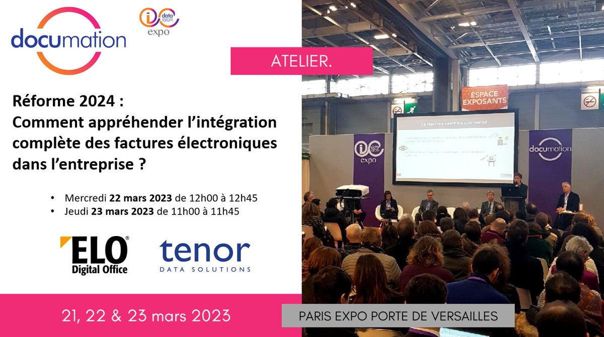 ELO Digital Office - France (@elodigitalfr) on Twitter photo 📣 <a href="/EloDigitalFr/">ELO Digital Office - France</a> accompagnée de @Tenor_EDI vous donne rendez-vous le 22 & 23 mars 2023 au salon @Documation2023 à Paris
👉 Réforme 2024 : Comment appréhender l'intégration complète des factures électroniques dans l'entreprise ?
✍ Inscription
documation.fr/visiter.php 📣 <a href="/EloDigitalFr/">ELO Digital Office - France</a> accompagnée de @Tenor_EDI vous donne rendez-vous le 22 & 23 mars 2023 au salon @Documation2023 à Paris
👉 Réforme 2024 : Comment appréhender l'intégration complète des factures électroniques dans l'entreprise ?
✍ Inscription
documation.fr/visiter.php