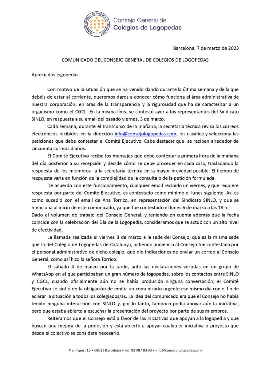 Aclaración del Consejo a partir de acontecimientos recientes relacionados con el sindicato SINLO.