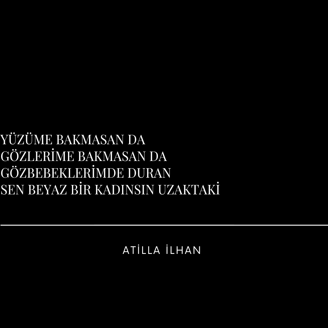 yüzüme bakmasan da
gözlerime bakmasan da 
gözbebeklerimde duran
sen beyaz bir kadınsın uzaktaki.
Atilla İlhan