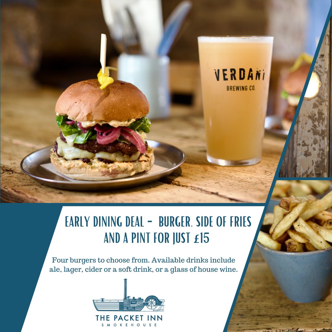 ThePacketInn's tweet photo. Great News: Our Early Dining Deal continues throughout Spring. Burger, Fries &amp; Pint for £15 🙌

Available Wednesday – Friday, 5.30 – 6.30. You can substitute the pint for a glass of house wine or a soft drink too. 

#cornwallfood #smokehouse #bestburgers #packetinn https://t.co/ru5jpNpKo4
