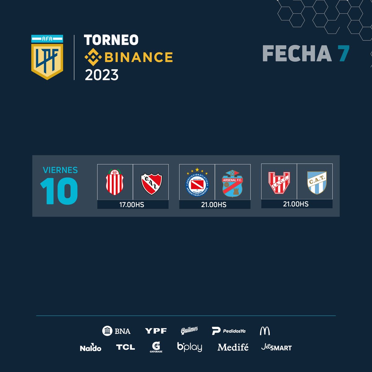 LigaAFA's tweet photo. Se levanta el telón de la #Fecha7 del #TorneoBinance con los siguientes partidos

⚽ @barracascentral 🆚 @Independiente 
⏰ 17:00

⚽ @AAAJoficial 🆚 @ArsenalOficial 
⏰ 21:00

⚽ @InstitutoACC 🆚 @ATOficial 
⏰ 21:00 https://t.co/60TILVsKJh