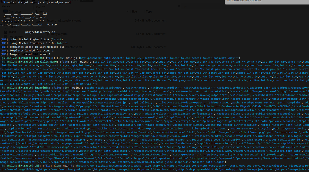 #bugbounty 
I create a #nuclei template that "Analyse" js files for bug bounty hunters :
- Extract Tokens.
- Extract endpoints.
- Extract URLs.
- Extract Variables names.
(All in one)
Enjoy !!
github.com/ayadim/Nuclei-…