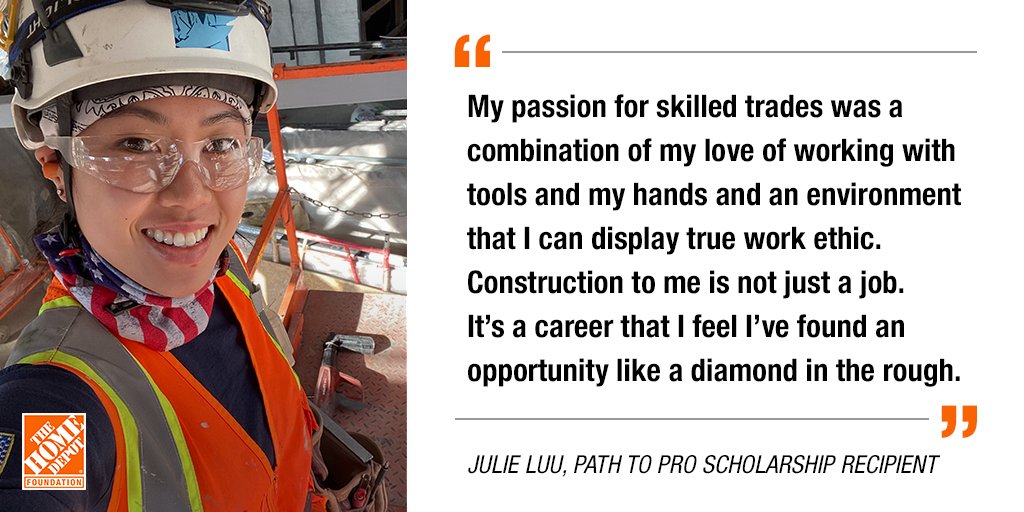 This #WomeninConstructionWeek, we are proud to support the dreams of tradeswomen like Julie Luu, a first generation American with a passion for creating things with her hands. Through a scholarship to our Path to Pro program, she is now a certified carpenter.