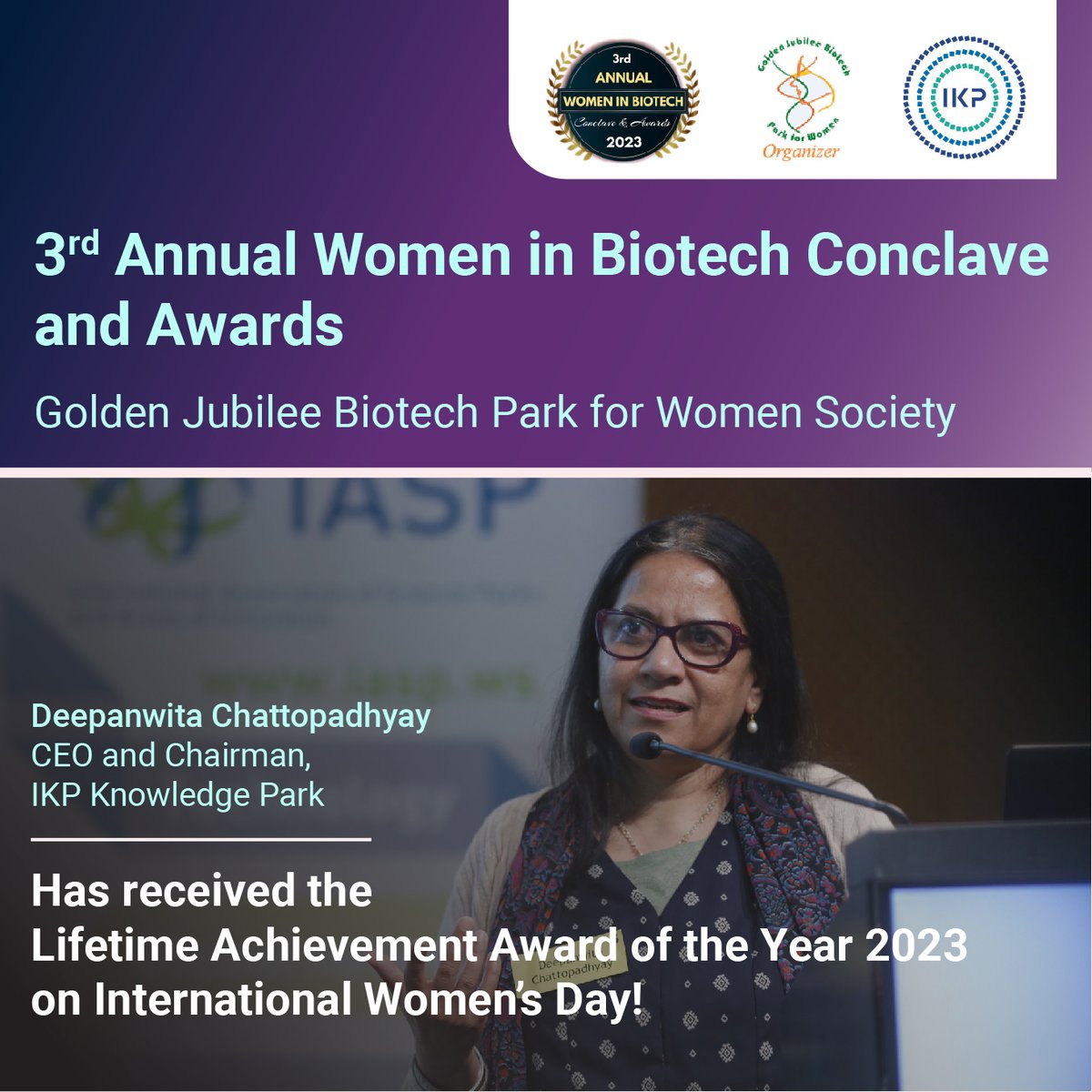 IKP_SciencePark's tweet photo. Congratulations to our CEO and Chairman, Deepanwita Chattopadhyay, for winning the Lifetime Achievement Award at the 3rd annual ‘Women in Biotech Conclave and Awards’!

Her phenomenal contributions to the biotech sector have been truly inspirational. #WomenInBiotech #IWD2023 https://t.co/KEoVIzMmAh