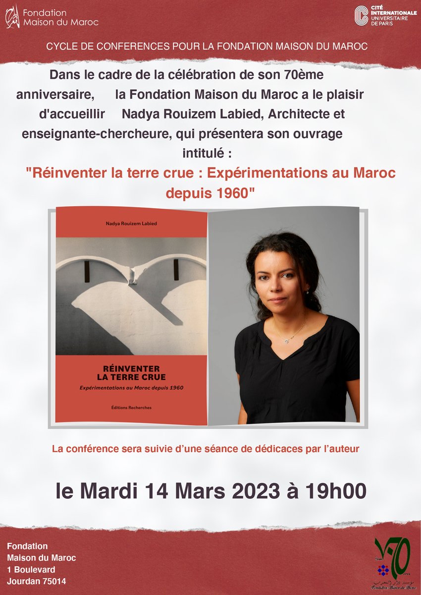 « Dans les années suivant son indépendance, l’État marocain répond à la pénurie de logements économiques par l’expérimentation de la construction en terre crue. » → editions-recherches.com/terrecrue

Rencontre avec Nadya Rouizem Labied le 14 mars à la Maison du Maroc (<a href="/FMDM_paris/">Maison du Maroc</a>) à 19h.