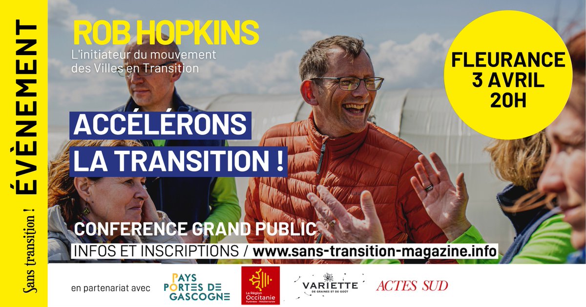 Dans le cadre des Plans Climat du Pays Portes de Gascogne, nous accueillons Rob Hopkins pour une conférence sur le thème "Accélérons la transition !"

RDV lundi 3 avril à 20h au centre culturel et sportif de Fleurance. 

Plus d'informations : 
paysportesdegascogne.com/energie/confer…