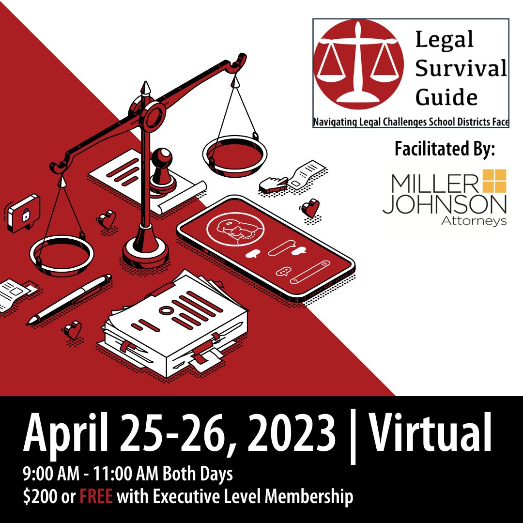 Register Today! Our Legal Survival Guide webinar is a MUST-attend event for the building admin in charge of reviewing and updating handbooks, forms and procedures annually. Let MASSP &amp; the attorneys at <a href="/MJEdLaw/">Miller Johnson Ed Law</a> help you update your student code of conduct. bit.ly/3WfXvuv