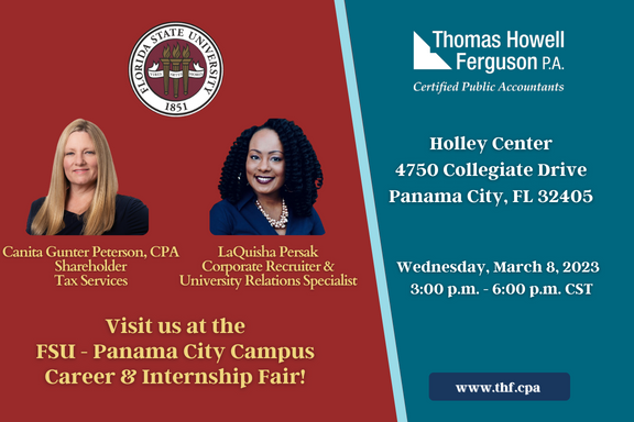 thfcpas's tweet photo. Celebrate #InternationalWomensDay with our team at the FSU Panama City Campus for the Career & Internship Fair tonight, March 8th, from 3-6PM CST! #THFCPAs #FSUPanamaCity #WhatCounts https://t.co/dMJN9C4xyK