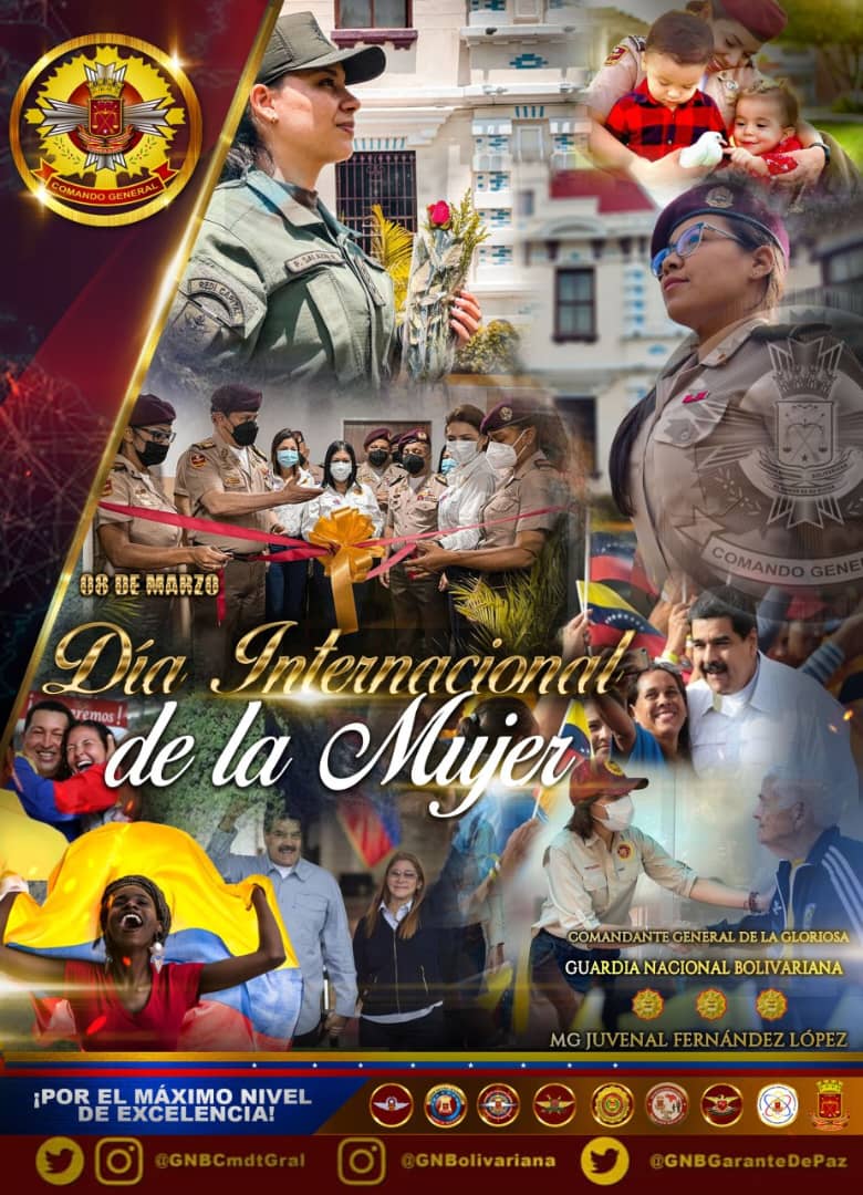 MGJuvenalFL's tweet photo. Desde la Guardia Nacional Bolivariana, conmemoramos el #DíaInternacionalDeLaMujer, fecha propicia para exaltar a las bravías Damas de Honor de nuestra Patria. 
Mujeres Guerreras, Indetenibles, Comprometidas con el futuro de esta Patria Grande ¡VIVA LA MUJER VENEZOLANA! https://t.co/cik2Ca2vdC