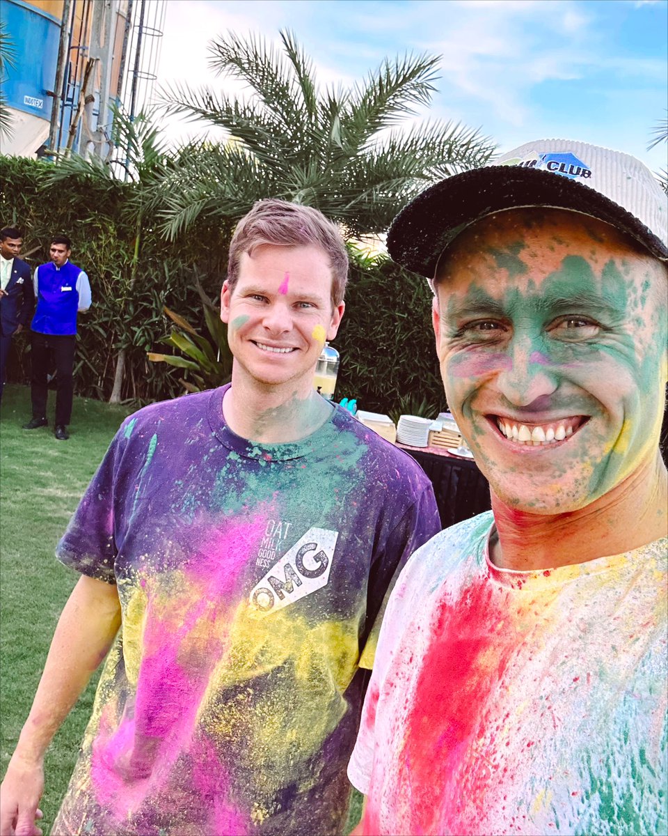 cric_opia's tweet photo. Australia cricket team celebrated Holi 👌👌

📸 @marnus3cricket 

#marnuslabuschagne #Stevesmith #Handscomb #INDvsAUSTest #INDvsAUS #ahmedabadtest #Holi #HoliVibes #HoliSpecial #HoliFestival2023 #cricket #CricketTwitter #BorderGavaskarTrophy #BGT2023 https://t.co/WWa62NjC10