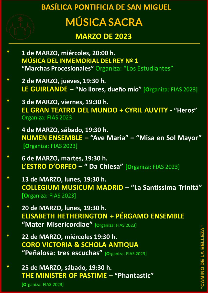 Todos los conciertos son de entrada libre hasta completar aforo. 

Se agradece mucho un donativo para las obras de restauración de la Basílica.

Se puede hacer mediante BIZUM 00505; o bien en las huchas de las peanas que hay a la entrada y a la salida de la Basílica.