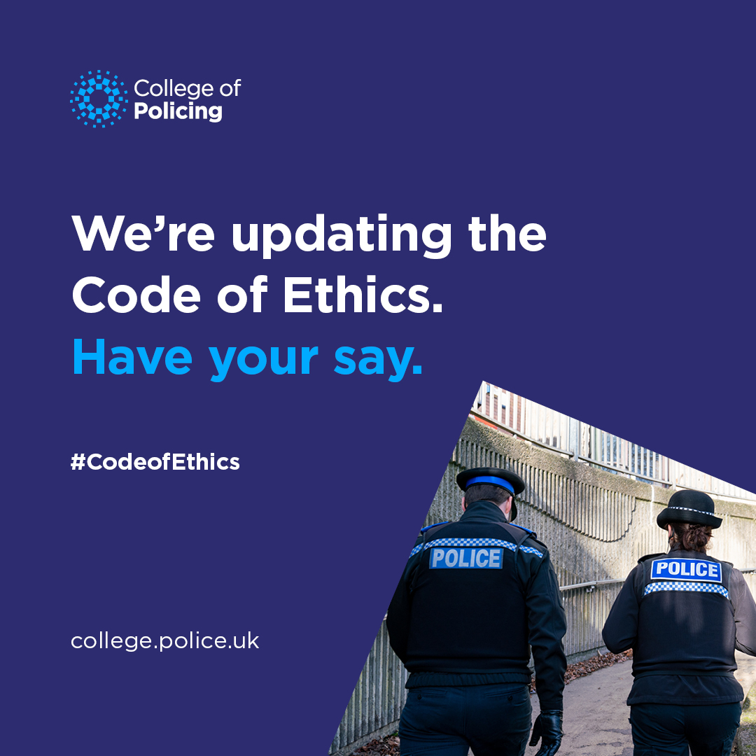 CollegeofPolice's tweet photo. We’re consulting on proposed changes to the #CodeofEthics.

We want to hear from people working in policing and the general public, so we can make sure the code helps improve policing for everyone.

https://t.co/1OvtL7YndC

Find out more about some of the changes ⬇️

[1/4] https://t.co/HooZY9z99z