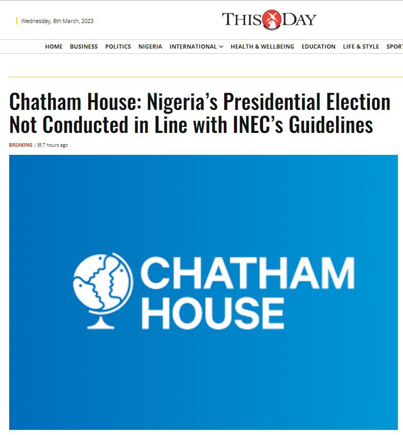 JaypeeGeneral's tweet photo. Breaking News: Nigeria’s Presidential Election Not Conducted in Line with INEC’s Guidelines —Chatham House https://t.co/v50SjUPvee