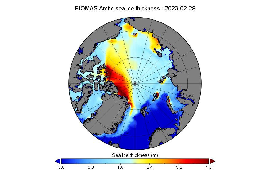 GreatWhiteCon's tweet photo. The 2023 #Arctic #SeaIce maximum #extent may already have occurred.
What is certain is that the @PolarScience_UW's #PIOMAS gridded #thickness data for February has been released
https://t.co/Ig3xp03wqX
It shows some thick ice taking the #FramStrait exit from the Central Arctic https://t.co/JOQAP0nmFr