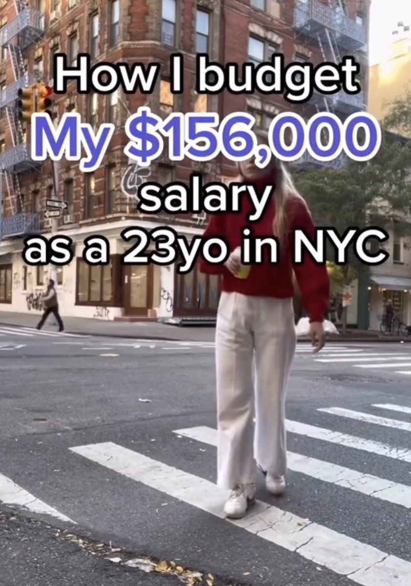 Recap of video: 
- rent: $6.5k
- pet: $500
- Nail &amp; massage: $150
- Eating out: $1,320
- Coffee: $300
- Tesla 3: $470
- Ubers(?): $420
- WeWork: $190
- Citibike: $20
- Groceries: $200
- Dentist: $300

Total $10,370 ($124,400yr)

Gen Z thinks budgeting means “spend all your money”