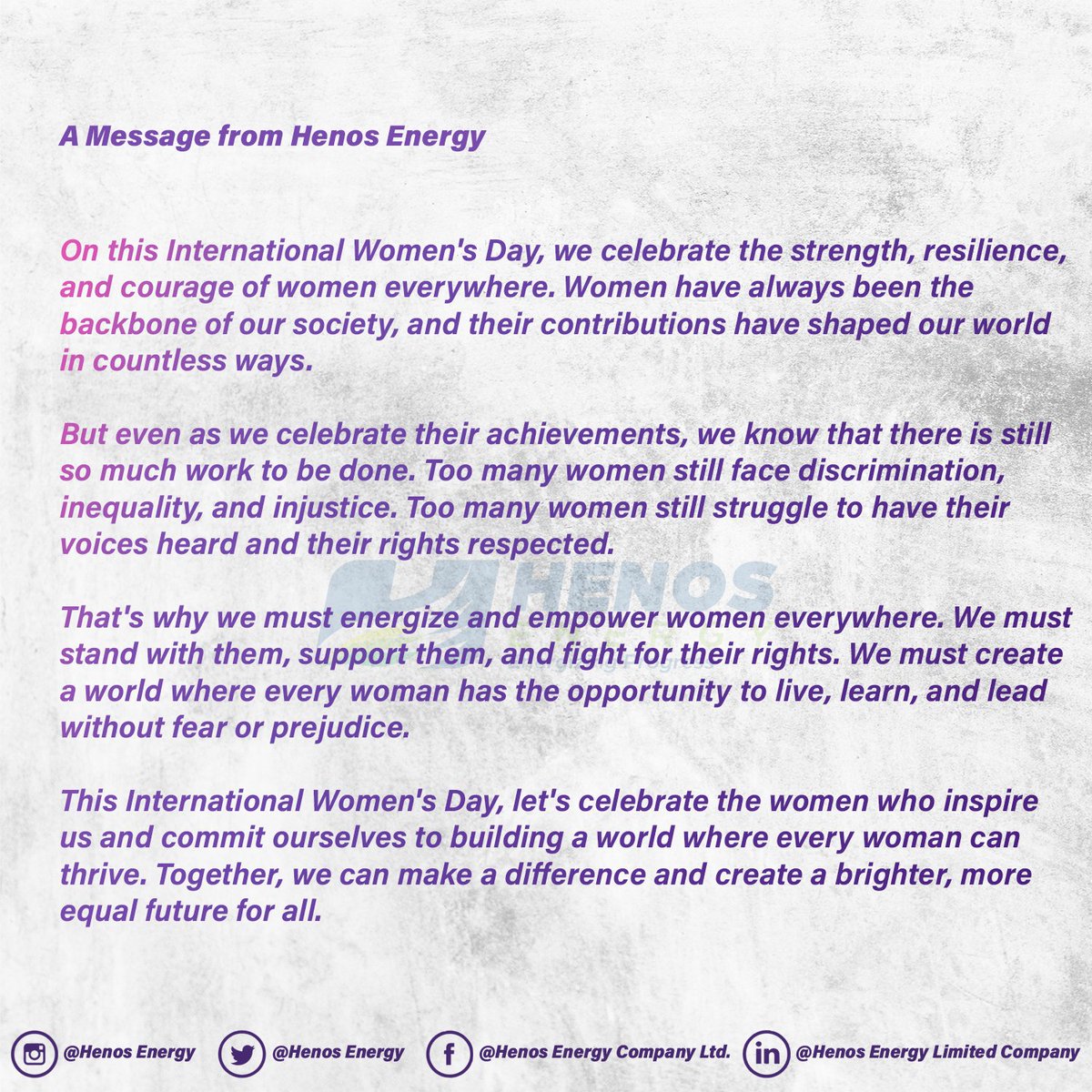 Happy International Women's Day 💜💜from us at Henos Energy

#InternationalWomensDay  #genderequality   #henosenergy #energizingprogress