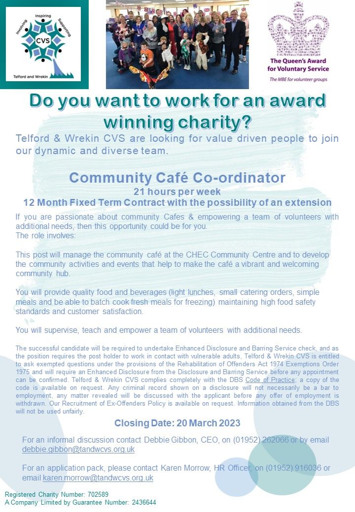 <a href="/TelfordCVS/">Telford & Wrekin CVS</a> is looking for a community cafe co-ordinator in Madeley! ☕️

We're members of Telford COG (Chief Officers Group) alongside Telford &amp; Wrekin CVS, and know how important its work is.

👉 For an application pack, please email karen.morrow@tandwcvs.org.uk

#Telford