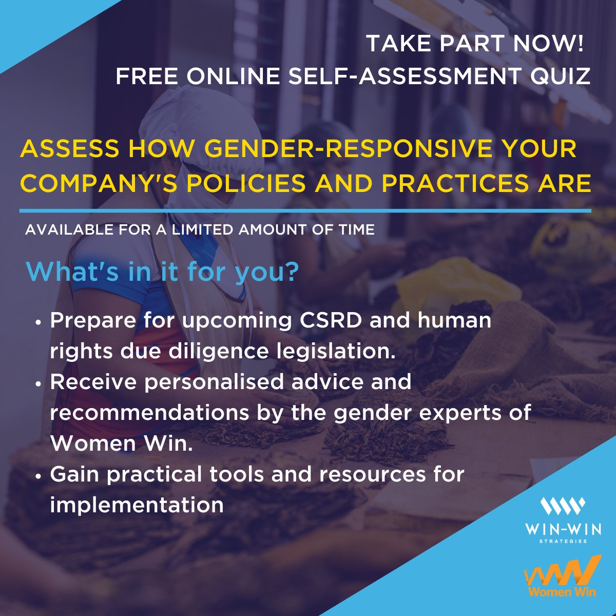 WW_Strategies's tweet photo. In honour of International Women's Day, We offer internationally operating companies the opportunity to take part in our Self-Assessment Quiz. Find out how gender-responsive your company's supply chain policies and practices are now: https://t.co/rWHjBO06Wx. https://t.co/jOvi4vHWoO
