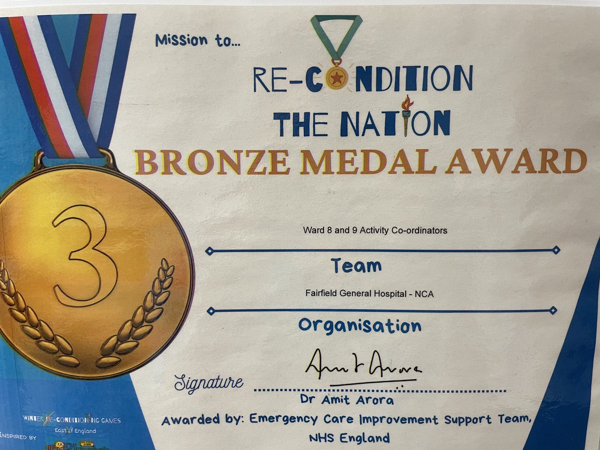@NCAlliance_NHS @BuryCO_NHS @nicrimm1 we did it! Ward 8&9 received a bronze medal from @ReconGamesUK for restarting the activity room! Onwards to a silver medal but definitely going for gold! #activitycoordinator #endpjparalysis #deconditioning