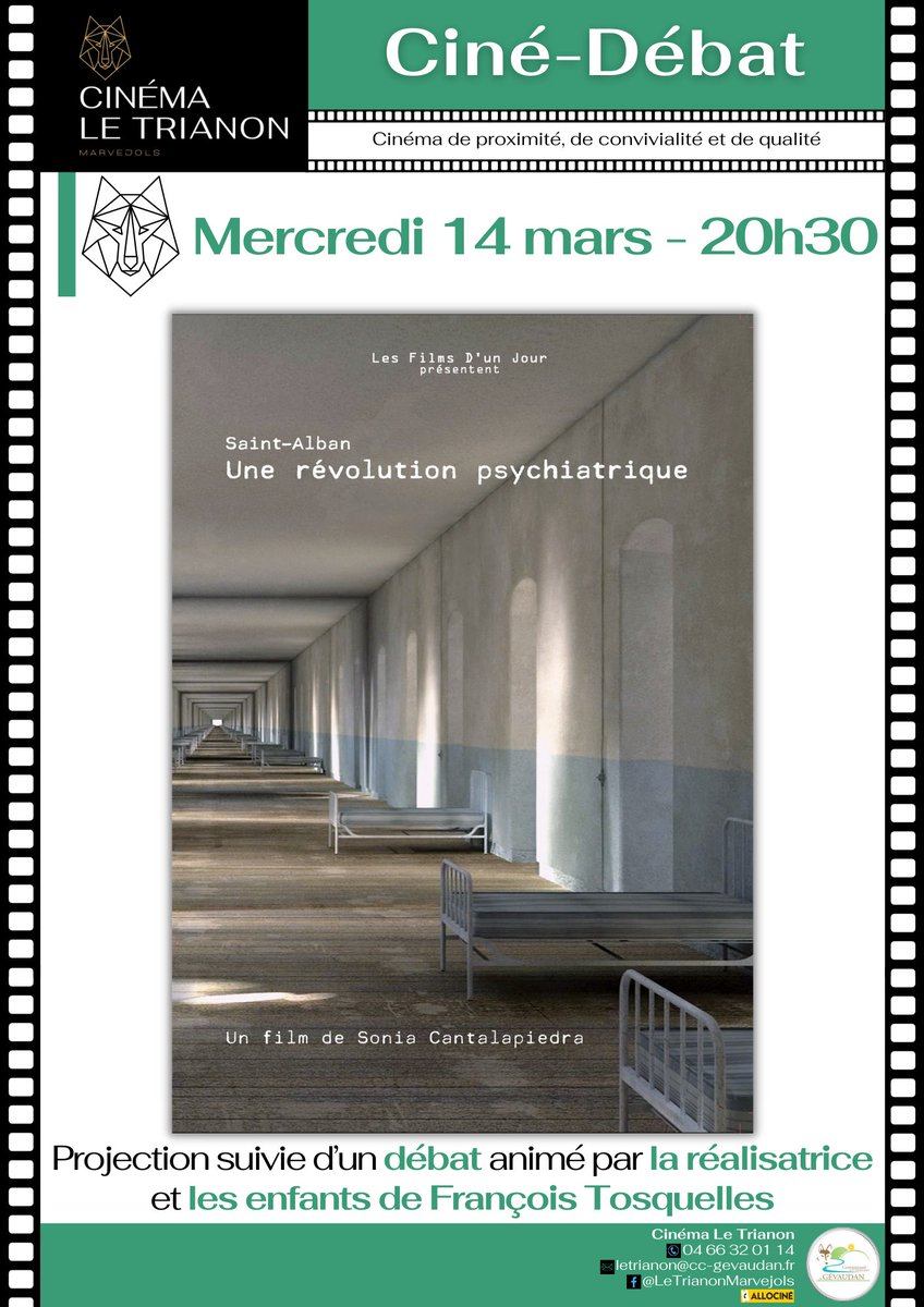 "Saint-Alban, une révolution psychiatrique" de Sonia Cantalapiedra sera projeté mardi prochain à 20h30 au cinéma Le Trianon de <a href="/VilleMarvejols/">Ville de Marvejols</a> dans le cadre d'un ciné-débat. La réalisatrice sera présente pour discuter du film ainsi que les enfants de #françoistosquelles .