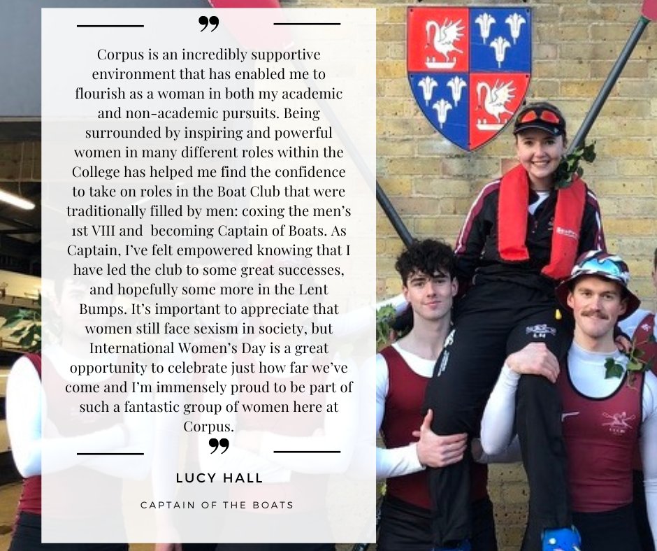International Women's Day shoutout to Lucy Hall, medic and Captain of the Boats <a href="/CCCBC_1828/">Corpus Boat Club</a> . This week she's leading the Boat Club in their Lent Bumps campaign. Best of luck! #WomenofCorpus #rowing #internationalwomensday #IWD #womeninsport #CorpusCambridge #lentbumps