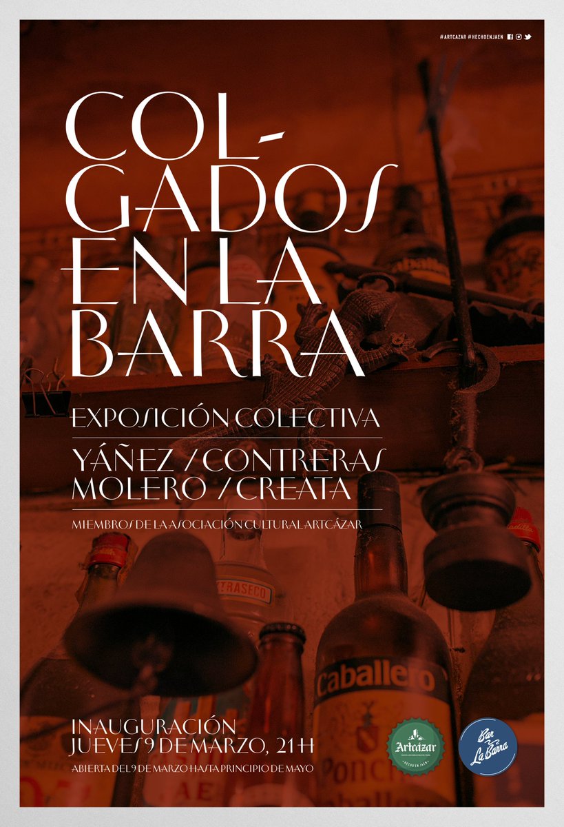 Mañana las 21h <a href="/ElenaOrtegaYaez/">Elena Ortega Yañez</a> <a href="/Juancarlerias/">Yo</a> <a href="/ArtMolero/">Arturo Molero</a> y servidor, miembros de la Asociación Cultural <a href="/Artcazar/">Artcázar</a>, inauguramos una expo colectiva muy jiennense en el Bar La Barra, calle Cerón 7

De jueves a domingo hasta primeros de mayo

#ColgadosEnLaBarra #Jaén