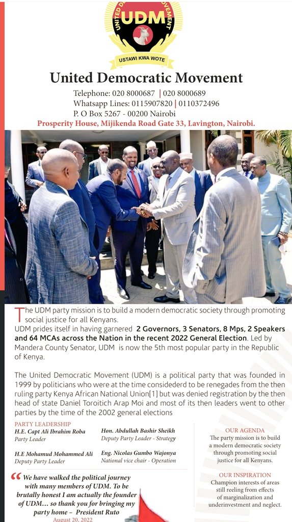 UDMKenya's tweet photo. Led by Mandera Senator Captain Ali Roba, United Democratic Movement is now 5th most popular political party in Kenya.
Our mission 'is to build a modern democratic society through promoting social justice for all Kenyans.'
#FormNiDialogue
#UDMKeAtPDF2023
#pdf2023 https://t.co/DcLzxBN5Pj