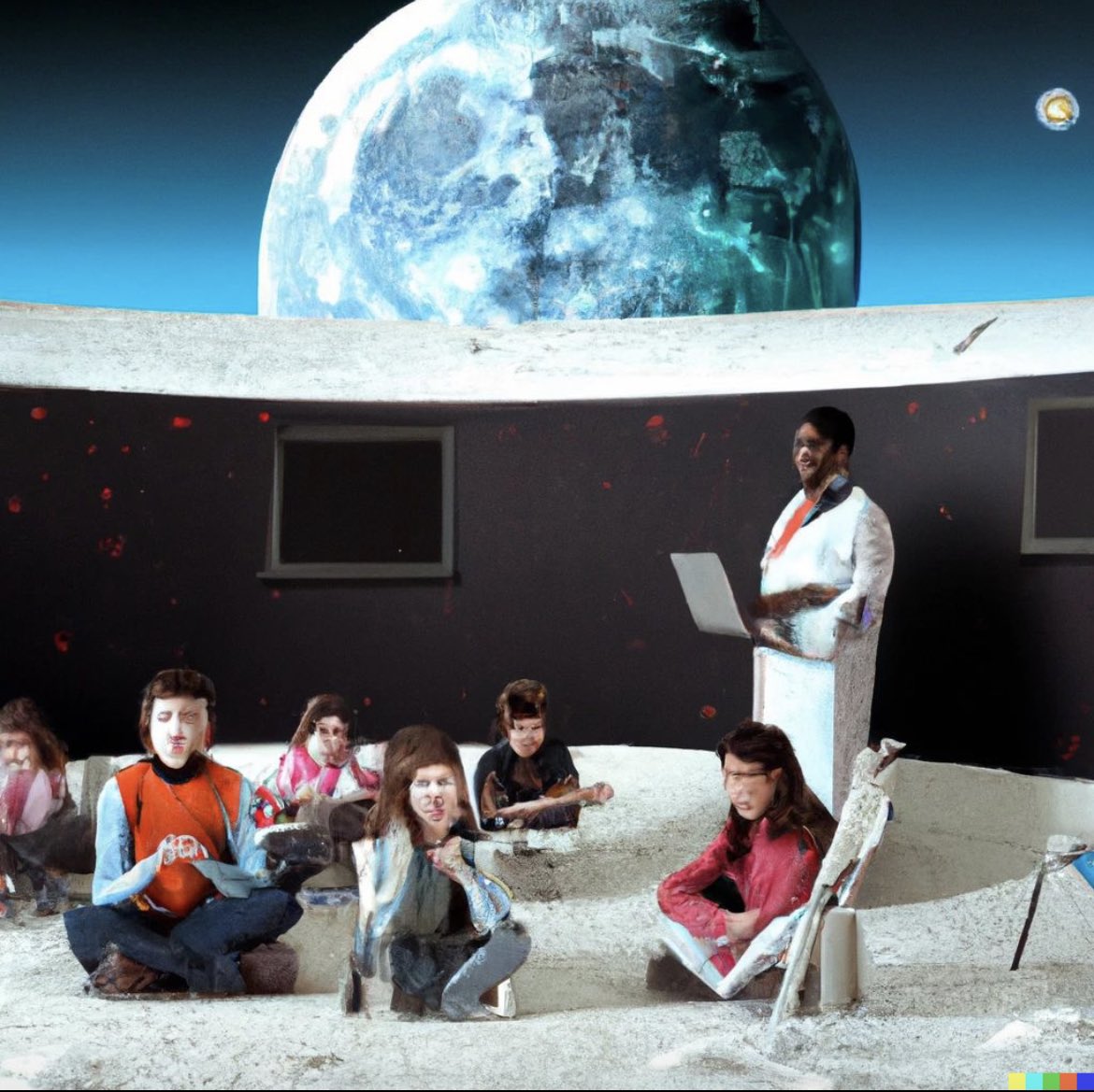 edtechtai's tweet photo. Expressionist image of teacher with teenage students on the moon🌕
This prompt took me 10 minutes to generate with OpenAI's application. #dalle2 Here is a prime example of the level of creation that can take shape in classrooms with generative AI.
#ai #aiineducation #edtech https://t.co/FOKKSzkNcq
