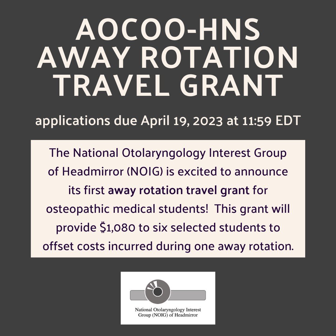 NOIG is excited to announce its first away rotation travel grant for osteopathic medical students! The application is open until April 19th, 2023 at 11:59pm EDT. Email noig.headmirror@gmail.com with any questions or concerns. docs.google.com/forms/d/e/1FAI…