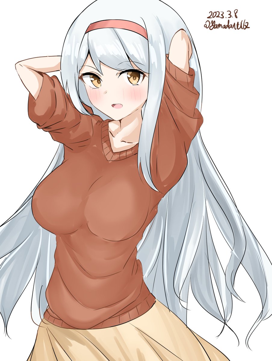 shoukaku (kancolle) 1girl solo long hair white background sweater skirt one-hour drawing challenge  illustration images