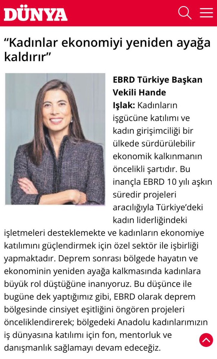 EBRD's tweet photo. Our Deputy Head of Türkiye @handeislak shared her March 8th message with @dunyagazetesii today, alongside fellow business leaders in the country.

You can read it here: https://t.co/Adh9G5296M #IWD2023 https://t.co/tqxGsMuXBo