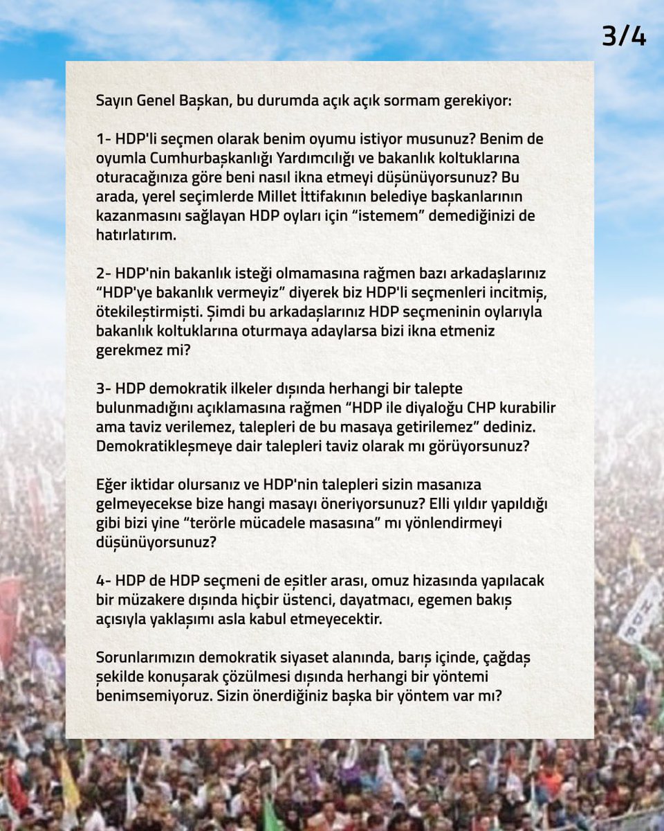 ferhatttunc's tweet photo. Selahattin Demirtaş'tan Meral Akşener'e açık mektup!
Mektup demokrasi mücadelesini özümseyen,sorunların çözümünü demokratik siyaset zemininde gören sorumlulukla yazılmış.Meral Akşener’i,Kürt seçmenini inciten tavır ve söylemlerini gözden geçirmeye ve sorumlu davranmaya çağırıyor. https://t.co/IIbEtRbd65