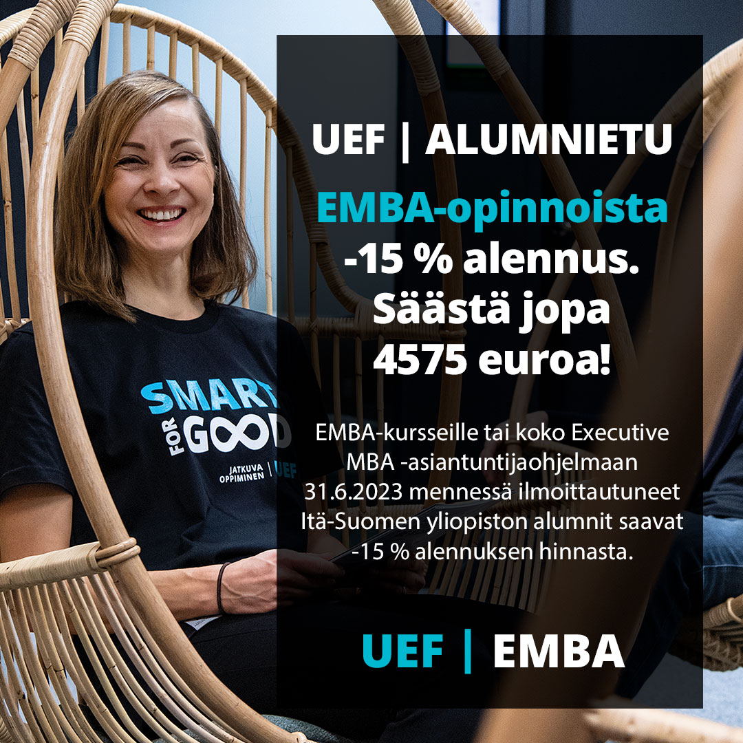 UniEastFinland's tweet photo. #UEFalumni, huikea etu #EMBA-opinnoista juuri sinulle! Lue lisää https://t.co/9Xl5oLYTmp #UEF @UEFsmartforgood https://t.co/9me0PDuJ5l