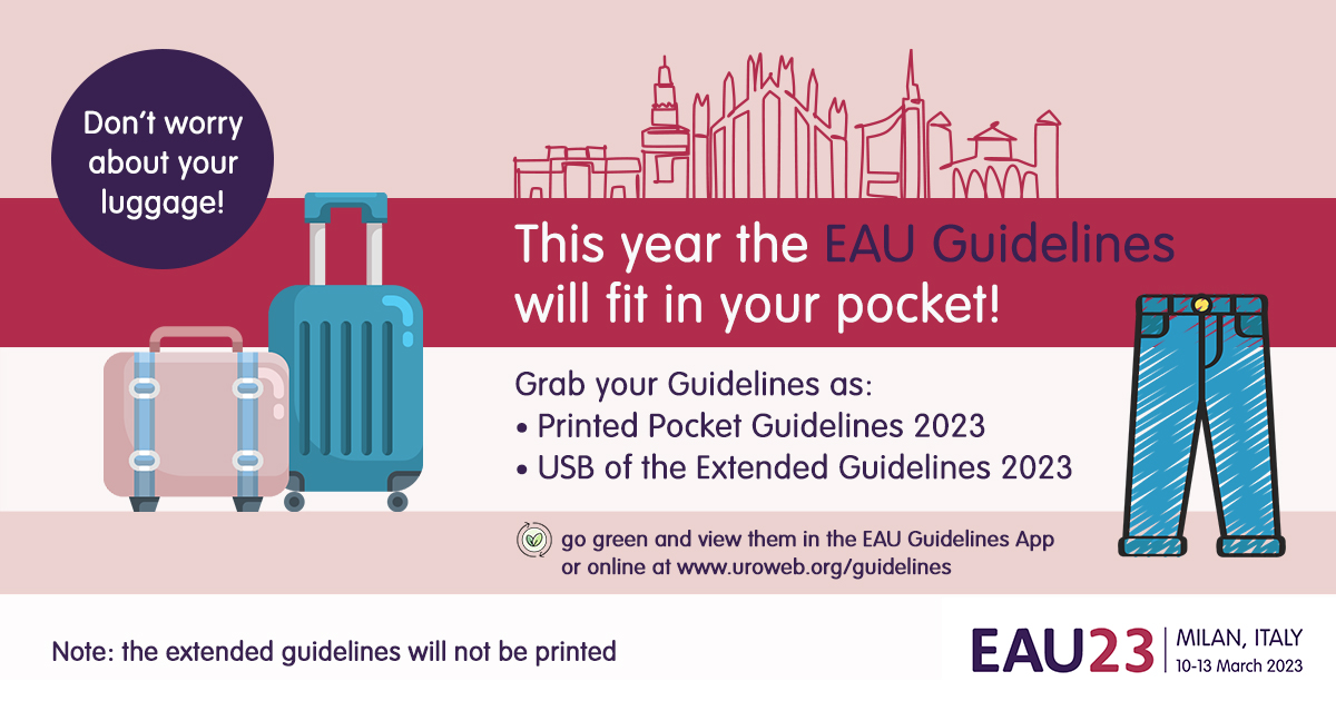 The new 2023 #EAUguidelines are here and they are luggage-friendly! #EAU23 delegates can pick up the 2023 Guidelines as a pocket version and digital version on USB, bidding adieu to the big guidelines book.