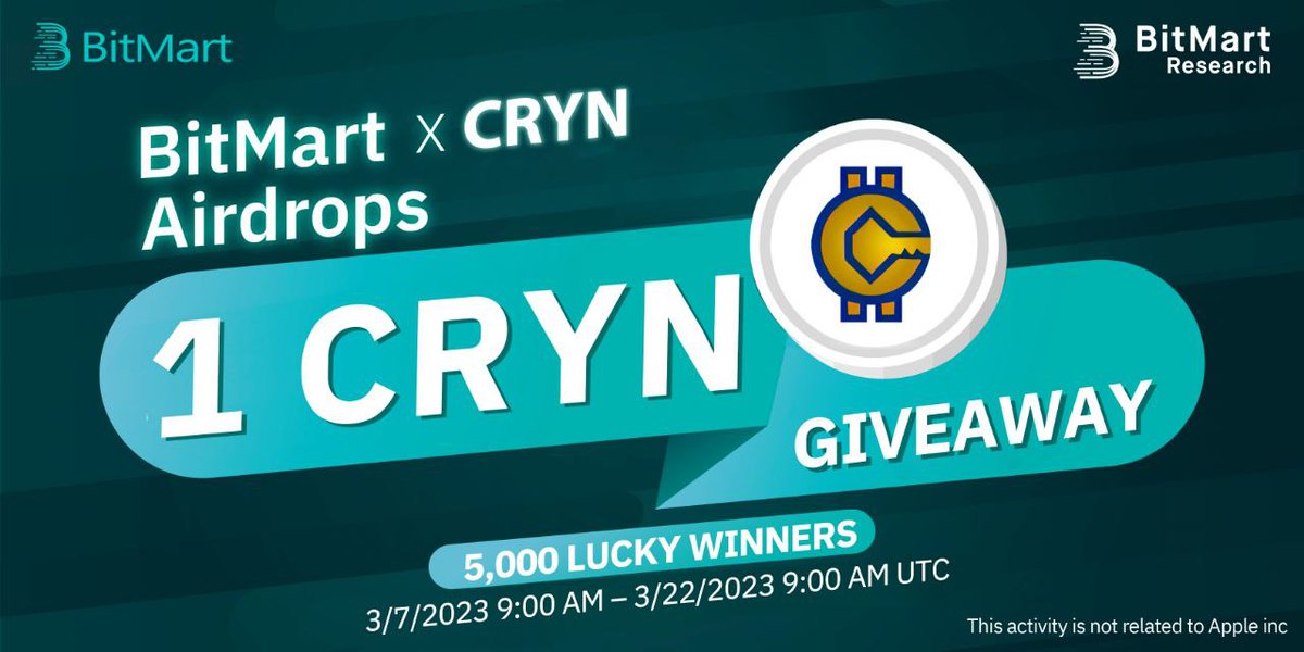 AirdropsGun's tweet photo. 🚀 Airdrop: BitMart X CRYN
💰 Value: 1 CRYN
👥 Referral: NO
📅 End Date: 22nd March 2023
🏦 Distribution Date: TBA
🎐 Airdrop Link : https://t.co/dY3ZXXeVuA
@cryncoin #AirdropsGun #Airdrop #DYOR #NFA #cryptocurrency #CRYN https://t.co/5A1HfVywHf