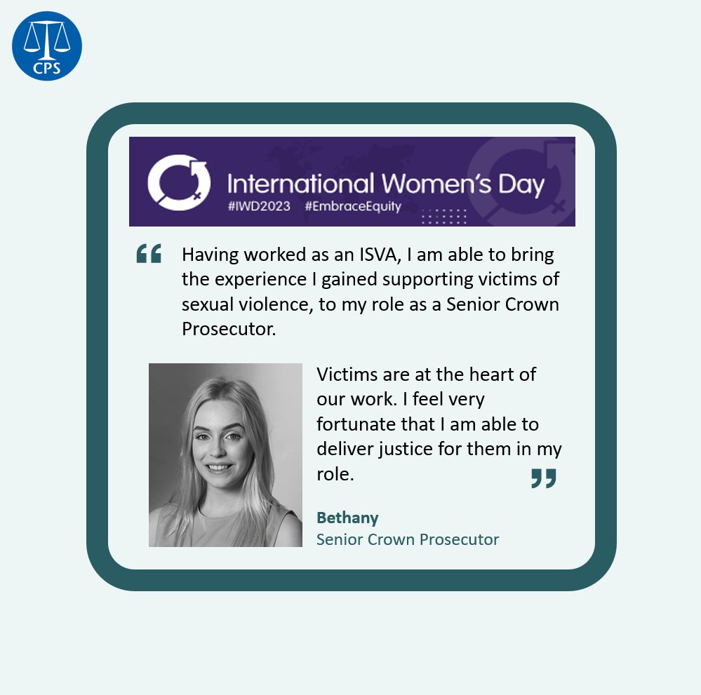 CPSWessex's tweet photo. 🎉 We're celebrating some of our colleagues today for International Women's Day.

Bethany was inspired to join the CPS through her work as an Independent Sexual Violence Advocate and now delivers justice for victims in our community.

#IWD2023 #EmbraceEquity https://t.co/z3akVuXvHc