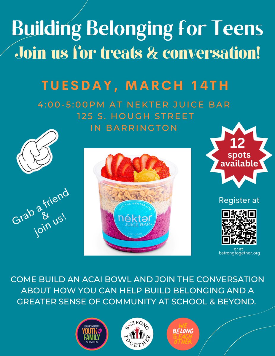 We are excited to partner once again with Barrington Youth and Family Services and the Belonging initiative for this month's Building Belonging event - this time just for teens!

Grab a friend and register today at
forms.gle/8QNQds8tFitgUg…