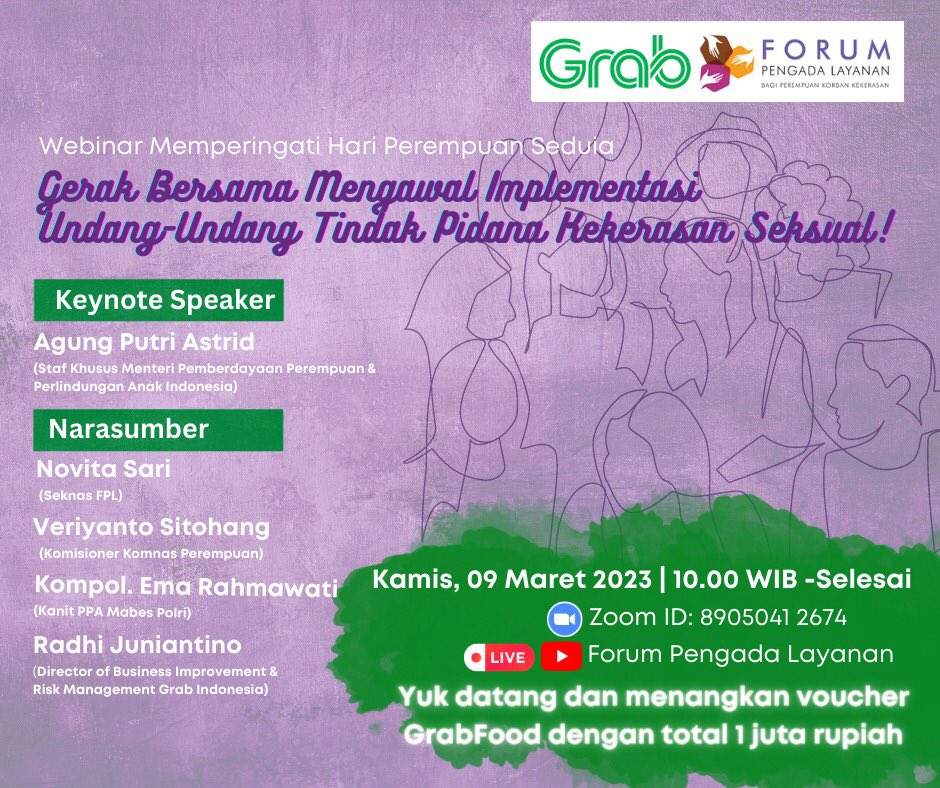 WPBergerak's tweet photo. Dalam Rangka Memperingati Hari Perempuan Sedunia FPL dan Grab Indonesia berkolaborasi menyelenggarakan webinar "Gerak Bersama Mengawal Implementasi Undang-Undang Tindak Pidana Kekerasan Seksual".

Kamis, 9 Maret 2023
10.00 WIB 
Zoom ID : 89050412674
https://t.co/OgQ868EkD4 https://t.co/9Z0ivKAA2U