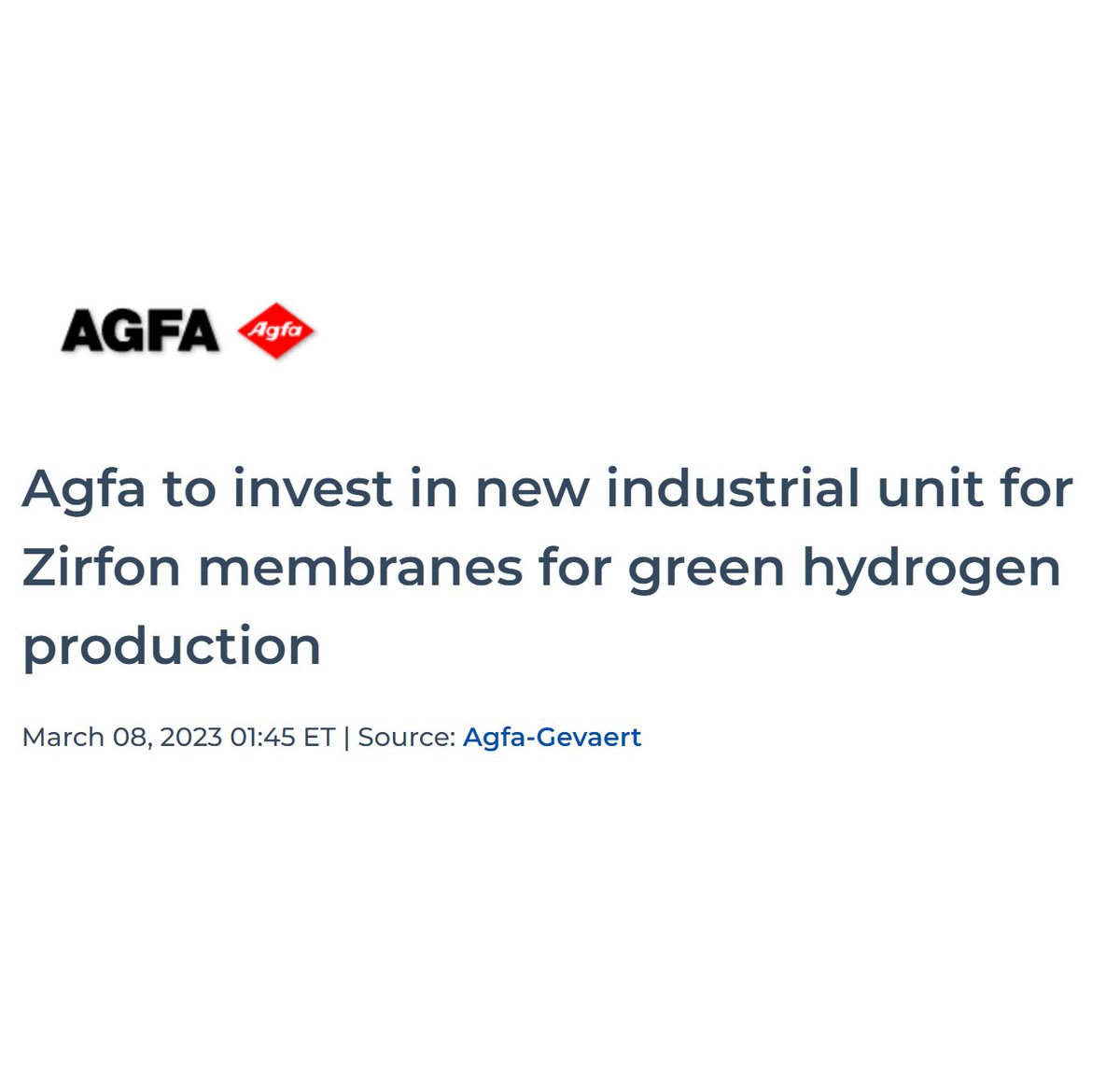 KeithDPatch's tweet image. 🚨🚨#Twofer 
1) Move over #gigafactory! Agfa to build 𝟮𝟬𝗚𝗪/yr Zirfon membrane plant 🇧🇪to meet alkaline electrolysis demand for green hydrogen
2) @thyssenkrupp_en @thyssenkruppnca buys #agfa #zirfon membrane for large-scale alkaline electrolyzers #H2 #hydrogen #GreenHydrogen