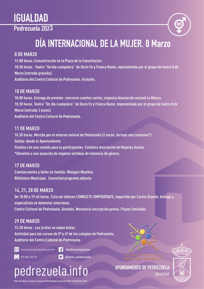 💜8 de marzo en #Pedrezuela
Desde el área de Igualdad sabemos el valor y esfuerzo de todos y cada una de nosotras para reivindicar nuestros derechos por la igualdad entre hombres y mujeres. Seguimos trabajando y colaborando juntos por una sociedad de iguales.